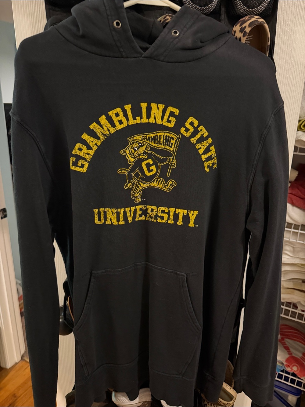 Reserved Black Hoodie with Yellow Grambling State Graphic- missing strings